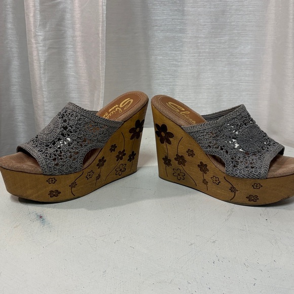 Sbicca Carolena Gray Crochet Wood Wedge Platform Sandals 9 - Picture 4 of 14